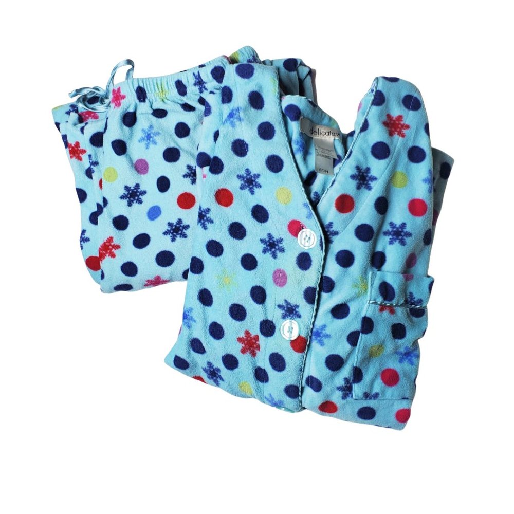 Delicates 2 Piece Fleece Pajama Set Polka Dots Snowflakes Women's Small